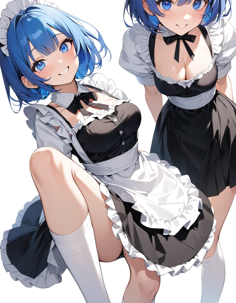 Beautiful girl in maid、(Top quality illustrations:1.2), (pretty girl:1.1), (1 girl、17 years old、Top quality illustrations:1.2), (1 girl、smile、Medium chest、Beautiful breasts、Highly detailed eyes:1.2)、Bright blue hair、Short Bob Hair、(Black and white maid costume、White knee-high socks) 、White background、Simple Background