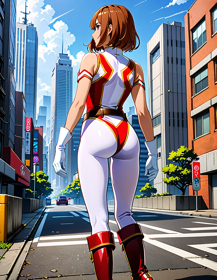 (masterpiece), (Highest quality), (High resolution), Medium chest, ((leotard, white and red leotard, matching leotard, No sleeve, barefoot)), ((Tight belt, Gold Belt)), ((boots, matching boots, ankle-high boots, white boots)), ((gloves, white gloves)), Urban Background, tokyo Urban Background, alone, alone focus, Are standing, (whole body), Cowboy Shot, Superhero, ((Beautiful attention to detail)), (Brown Hair, Medium Hair, Bob Hair, Purple eyes), (Perfect hands, Perfect Anatomy), Cowboy Shot, Superhero, ((Beautiful attention to detail)), whole body costume design, ((Rear View, Back view)).