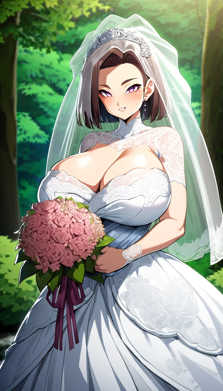 Huge breasts in a wedding dress with a huge lace neckline, with veil and bouquet in a Japanese garden