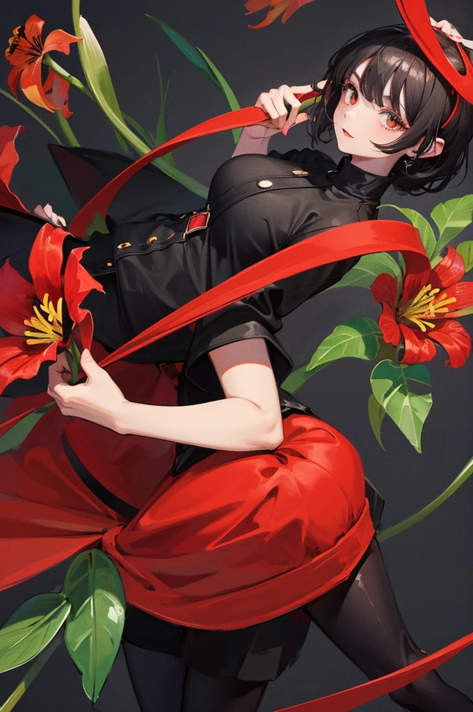 female character with black hair and clothes, with dark background, holding a red lily flower