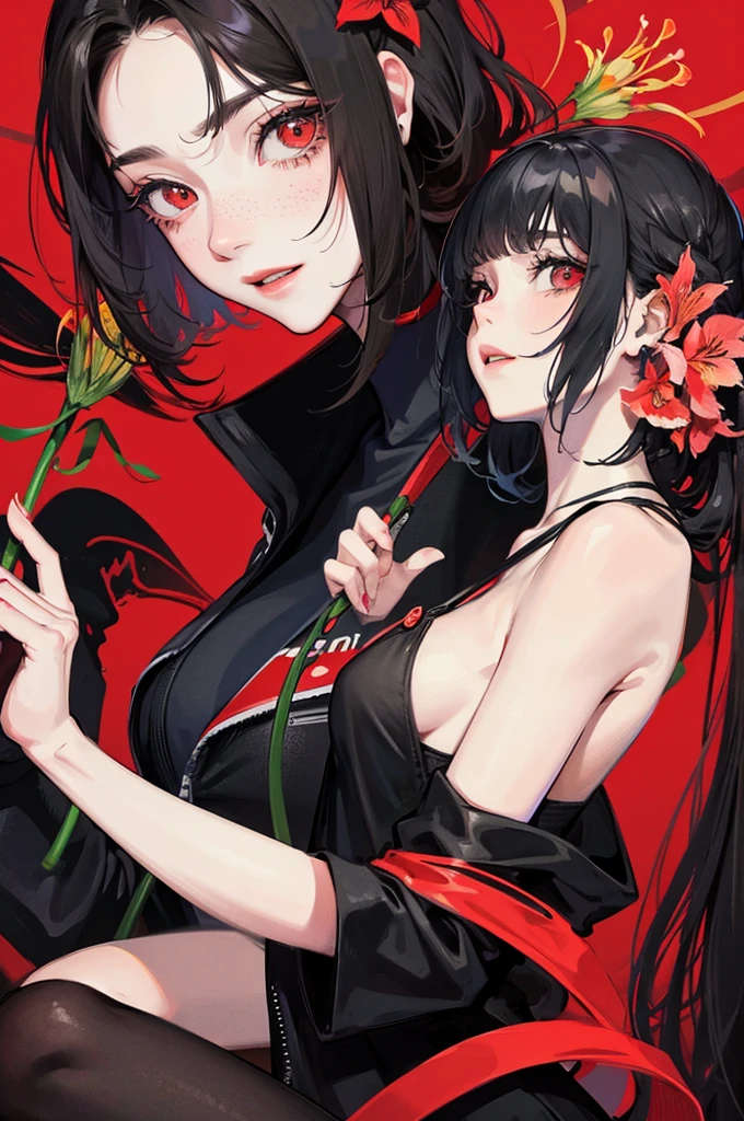 female character with black hair and clothes, with dark background, holding a red lily flower