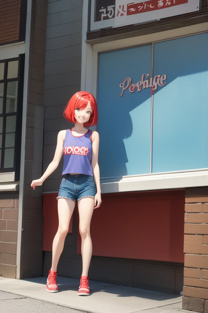 red hair girl, light blue sleeveless t-shirt, shorts cafés, short shoulder length hair, pearl earrings, smile