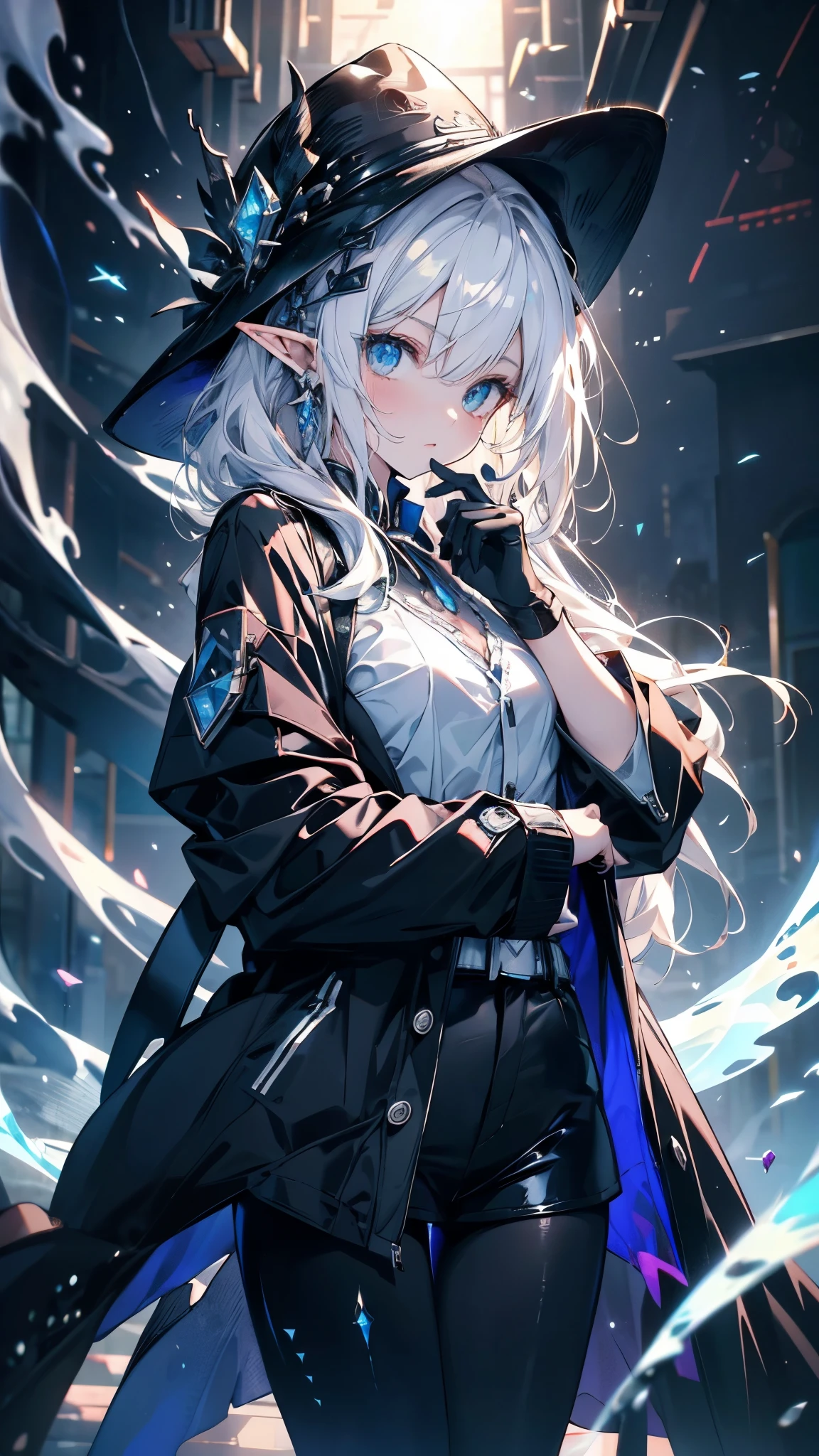 girl,Diamond Dragon Horn,Crystalline hair,Hands made of opal,Mirror-like windbreaker,Milky white dragon tail,madman,Crystal Dragon,Elf ears,Sanhua,alchemy,Sea Monster,Holy See,Chiquita, Huge breast cleavage,Poor milk quality,,白发红Eye,Smooth skin,,As weak as a kitten,Beautifully, 很cute,Beautiful,morbid,cute,Weak,chaste,childish,Small and beautiful,The Wind of the Future,change,White headphones,Equipped with white unknown instrument,Dark blue lines extending to the hands and neck,Black sneakers,Black leggings,Black Gloves,Leg ring,Ribbon,Grey shirt,A black trench coat,Black cowboy hat,abyss,There are unknown monsters around,Bone,Tentacles,Eye,shell,Fluorescence,Middle School and Primary School,Deep Sea Hunter,The bloody scene