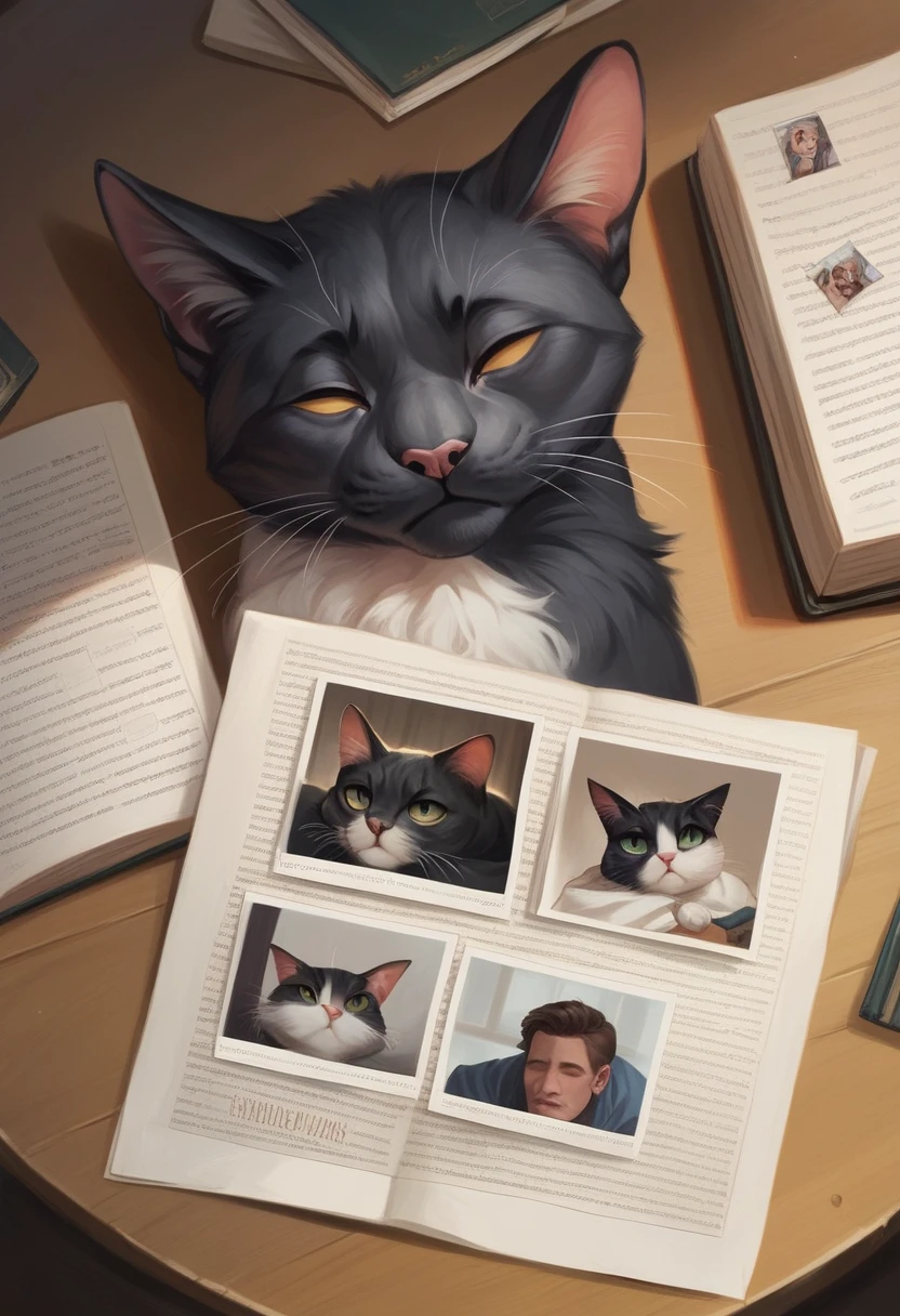 1 guy 18 years old sleeps sitting at the table, around the books on the table. The cat is sleeping nearby. a high resolution, view from above, Best quality, photo realistic,cinematic,4K