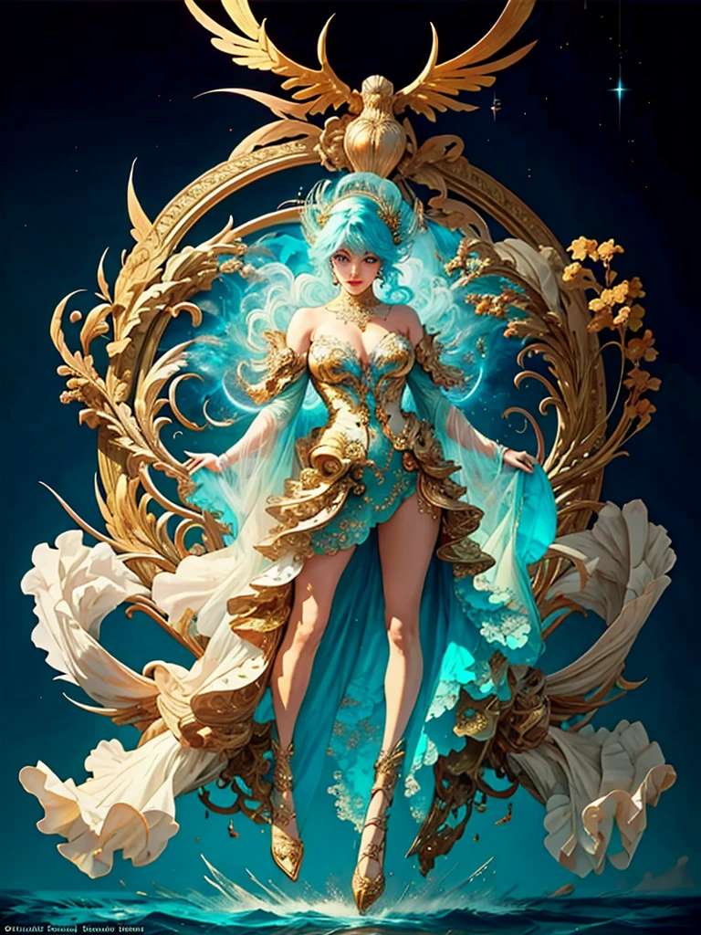 (best qualityer), ((Masterpiece artwork)), 1 piece of giant,(only),full-body portraits, 精致的面容, looking ahead at viewer, Firm eyes, bare shoulders exquisite exposure, Um ser celestial, partículas de Lumiere, The halo,the ocean, full of energy, colorful colors, (Bioluminescence),(Detailed composition), Lumiere
