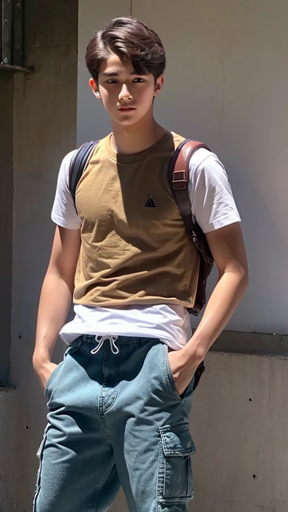 A college year old with chocolate brown hair, and dark, perky-shaped eyes, encistado no muro da school all pissed off, He is wearing a white t-shirt and light denim cargo pants, he has a good body care, with a triangular shaped face, He doesn't have a beard, but he has a little mustache, he has a beautiful smile, and a neutral white skin, he is already a teenager and he is tall, with the center part mullet haircut