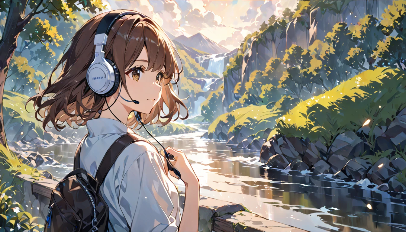 Girl wearing headphones,Brown Hair,1 person,bright,Detailed Background,「The murmur of a river」 - Listen to the flow of the river