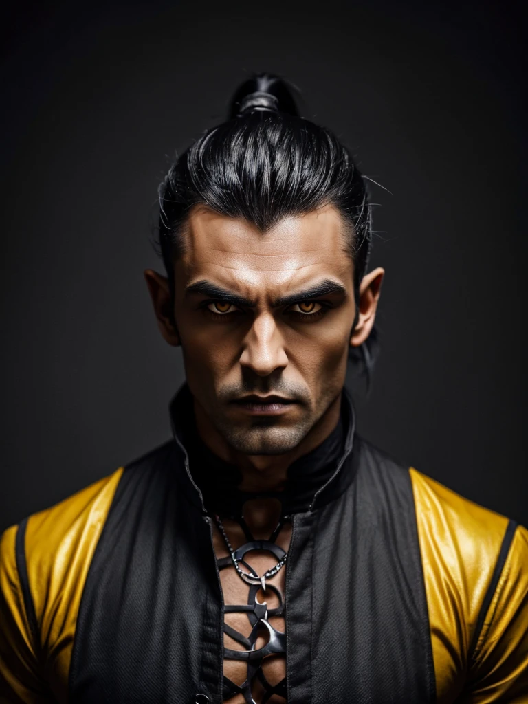 (best quality), 1boy, Male, dark grey skin, muscular, broad, dark grey hair, half ponytail, medium hair, yellow eyes, perfect eyes, stubble, pointy ears, gothic clothes, serious, stoic, vampire, masterpiece, anatomically correct, highres