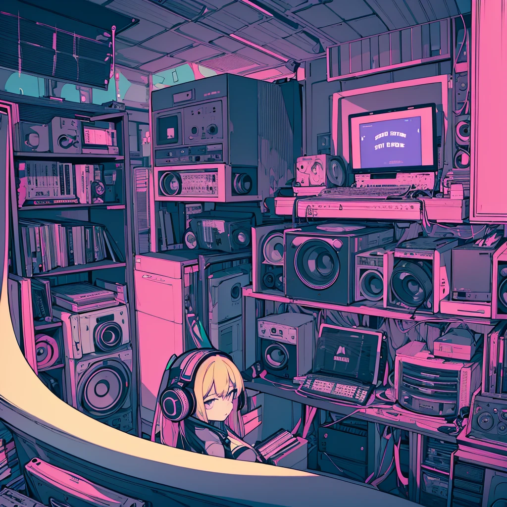 Best quality, (masterpiece), best detail face,1 girl, natural breasts, 18 yo, 8k,absurdres,unity 8k wall paper,(extremely detailed:1.3), highest realistic, (retro headphones:), (soft neon light:), (psychedelic), Her room full of music equipment and records, sports wear , See the whole room , dark grey color pallet, blonde hair