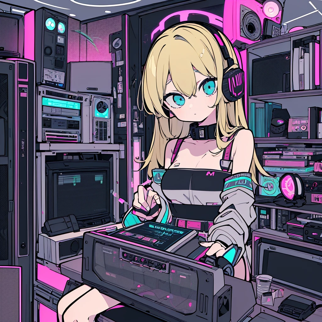 Best quality, (masterpiece), best detail face,1 girl, natural breasts, 18 yo, 8k,absurdres,unity 8k wall paper,(extremely detailed:1.3), highest realistic, (retro headphones:), (soft neon light:), (psychedelic), Her room full of music equipment and records, sports wear , See the whole room , dark grey color pallet, blonde hair
