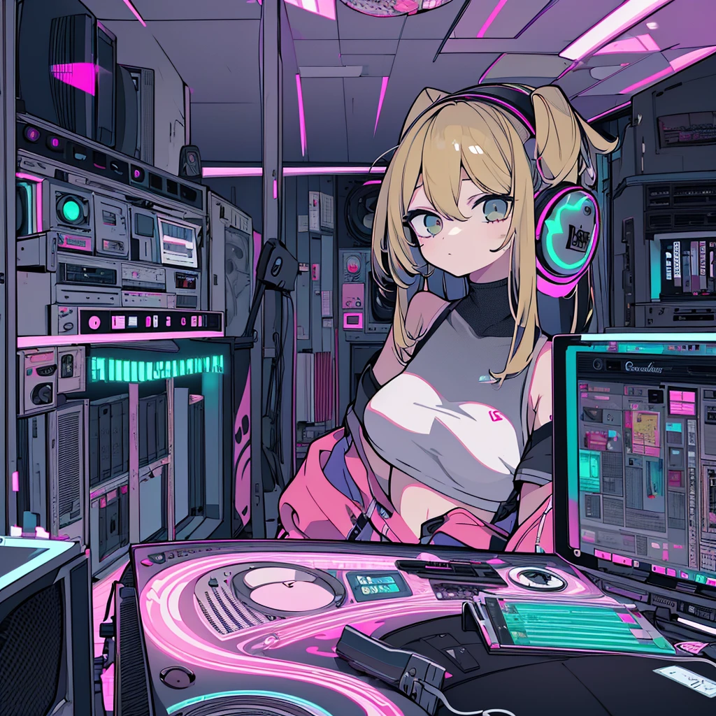 Best quality, (masterpiece), best detail face,1 girl, natural breasts, 18 yo, 8k,absurdres,unity 8k wall paper,(extremely detailed:1.3), highest realistic, (retro headphones:), (soft neon light:), (psychedelic), Her room full of music equipment and records, sports wear , See the whole room , dark grey color pallet, blonde hair