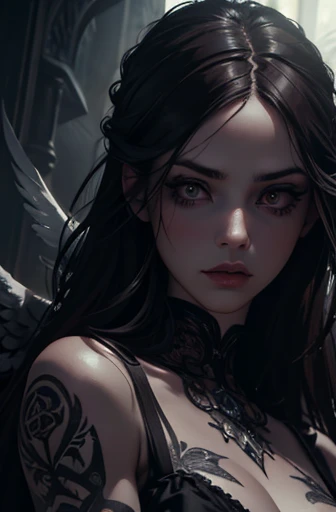 1girl, angel, gothic, dark, horror, Art Nouveau style, neo-traditional tattoo style, safe for work, full body, horror, blood, terror, holding a knife, extremely detailed face, beautiful detailed eyes, beautiful detailed lips, long eyelashes, intricate tattoo design, detailed lineart, dramatic lighting, moody atmosphere, muted color palette, chiaroscuro lighting, cinematic composition, masterpiece, (best quality,4k,8k,highres,masterpiece:1.2),ultra-detailed,(realistic,photorealistic,photo-realistic:1.37)