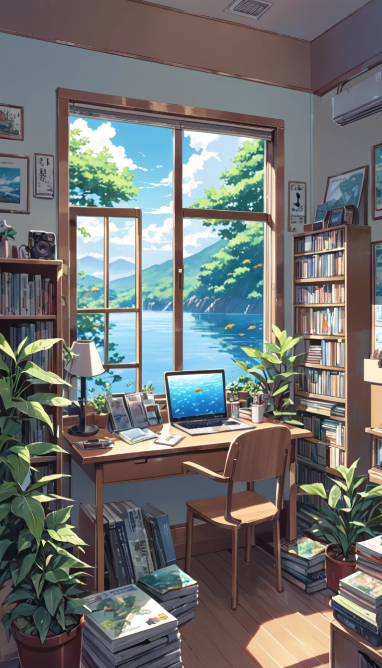 ((anime:1.4,illustration)),(masterpiece, top quality, best quality),(ultra-detailed, absolutely resolution),((16k, high res)). BREAK {lofi art, style of Laurie Greasley, style of Makoto Shinkai, anime aesthetic}, BREAK {There is an houseplants in the room, no humans、books、Lots of CDs、laptop}, BREAK {The window in the room is large and you can see fish swimming in the water outside the window.}