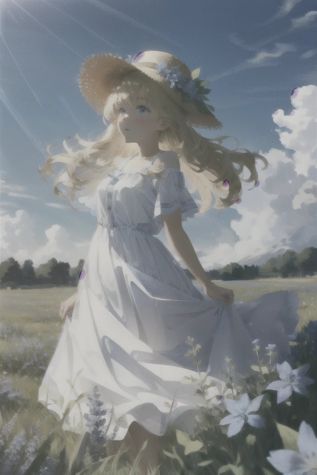 Young woman, blonde, hat, White dress, blue flowers background, field of blue flowers.
