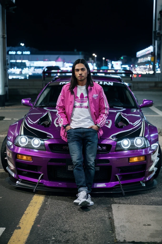 A skinny asia man long hair wearing a pink Adidas Jacket, white t-shirt with the name "NURDIN" written on it. jeans, sneakers, leaning on the front hood of a Nissan Skyline R34 modified futuristic car (futuristic purple heavy armor decorated with unique black and white colors).The characteristics of this car such as LED headlights. Located on the outskirts of urban areas which are busy at night, HD.
