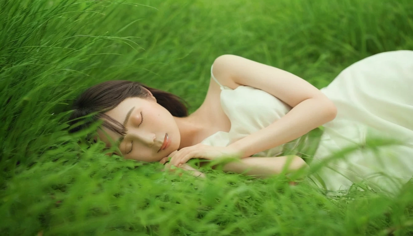 (masterpiece,Japanese), Highest quality, One girl, (Sleeping in a forest of lush grass and leaves,Happy sleeping face),Realistic photos, Professional photos, ((Overlooking,A hazy atmosphere))