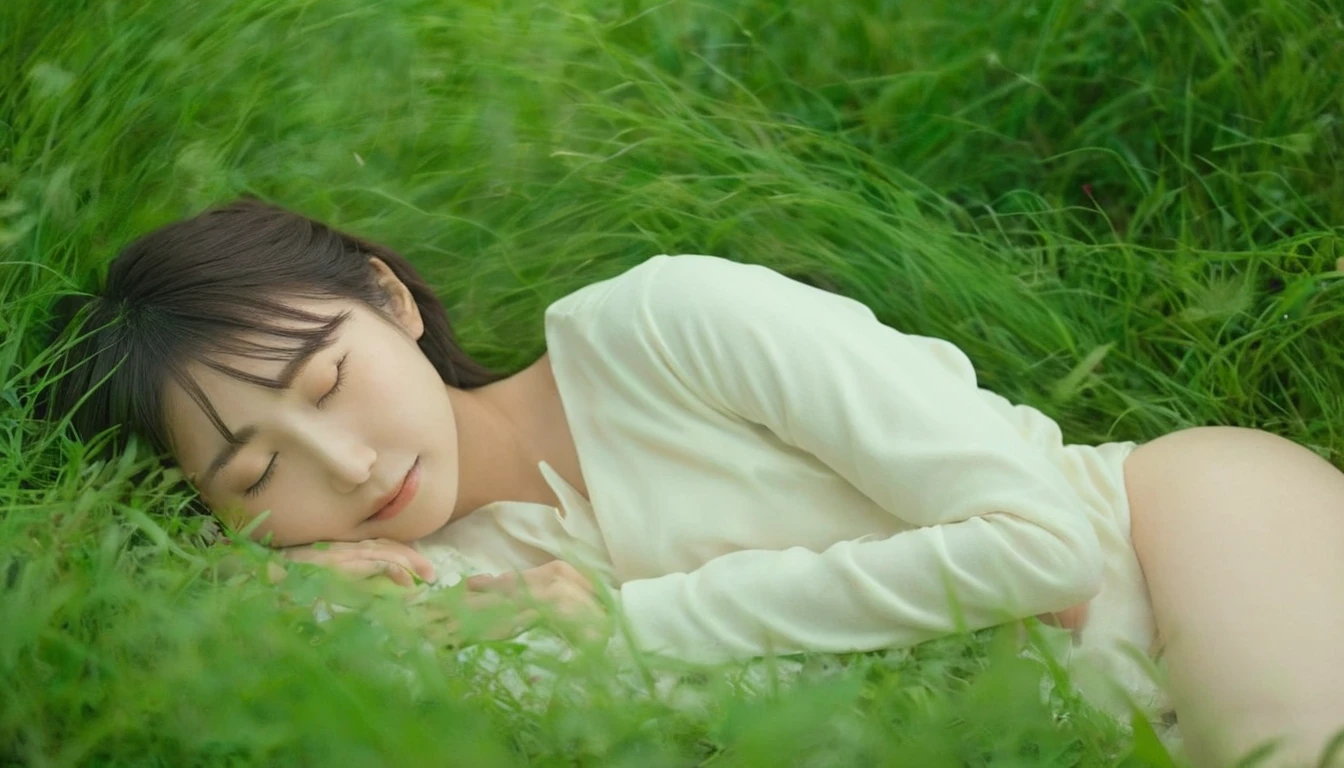 (masterpiece,Japanese), Highest quality, One girl, (Sleeping in a forest of lush grass and leaves,Happy sleeping face),Realistic photos, Professional photos, ((Overlooking,A hazy atmosphere))