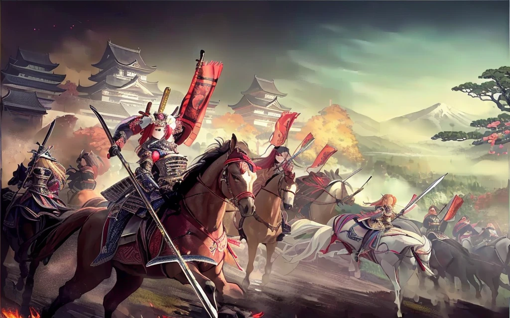 Female, (girls:1.5), (exceptional, best aesthetic, new, newest, best quality, anime, waifu:1.2), best quality, ultra detailed, absurdres, highres, colored, good anatomy, Japanese Samurai armor, swords, Kimono clothes, capes, cavalry, horse, horsemen, horsemen holding spear, red flags Japanese castle, mountain, tree