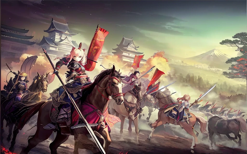 Female, (girls:1.5), (exceptional, best aesthetic, new, newest, best quality, anime, waifu:1.2), best quality, ultra detailed, absurdres, highres, colored, good anatomy, Japanese Samurai armor, swords, Kimono clothes, capes, cavalry, horse, horsemen, horsemen holding spear, red flags Japanese castle, mountain, tree