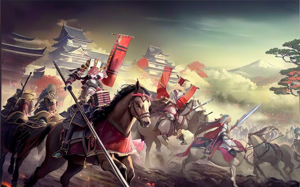 Female, (girls:1.5), (exceptional, best aesthetic, new, newest, best quality, anime, waifu:1.2), best quality, ultra detailed, absurdres, highres, colored, good anatomy, Japanese Samurai armor, swords, Kimono clothes, capes, cavalry, horse, horsemen, horsemen holding spear, red flags Japanese castle, mountain, tree