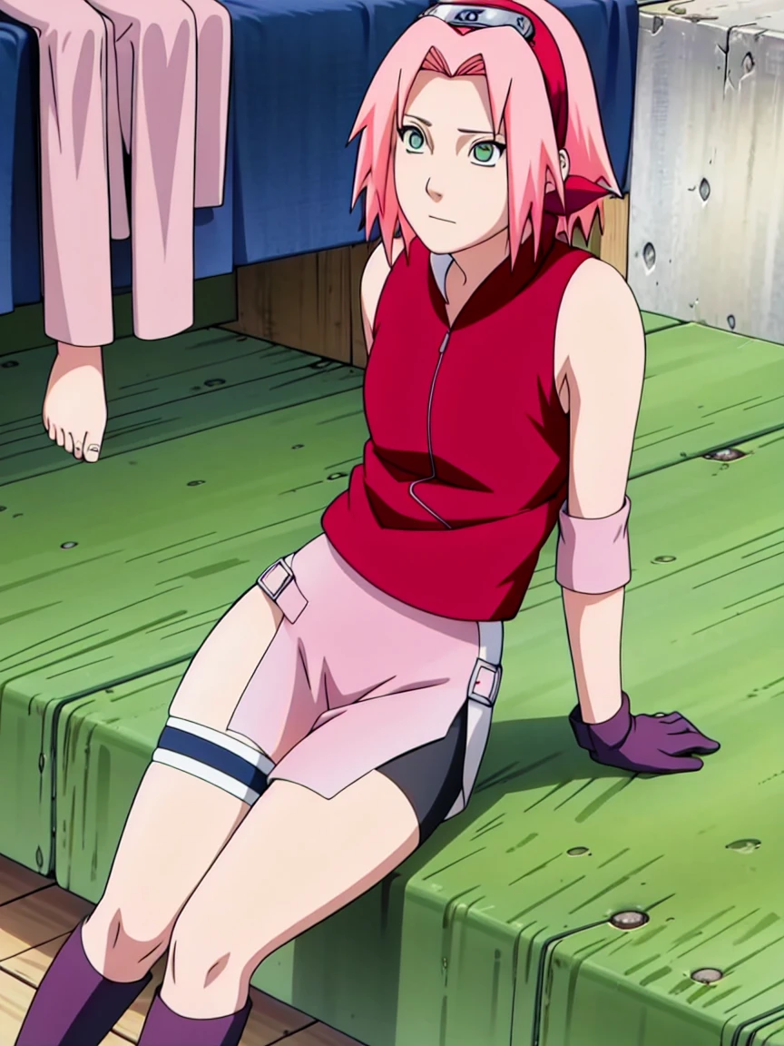 score_9, score_8_up, score_7_up, score_6_up, score_5_up, score_4_up, BREAK, source_anime,
1girl, haruno sakura, pink hair, short hair, green eyes, sleeveless, red shirt, forehead protector, beautiful legs, black gloves,
pussy, bottomless, full body, solo, perfect body, beautiful body, konohagakure background, on bed, shy face, standing, leaning forward