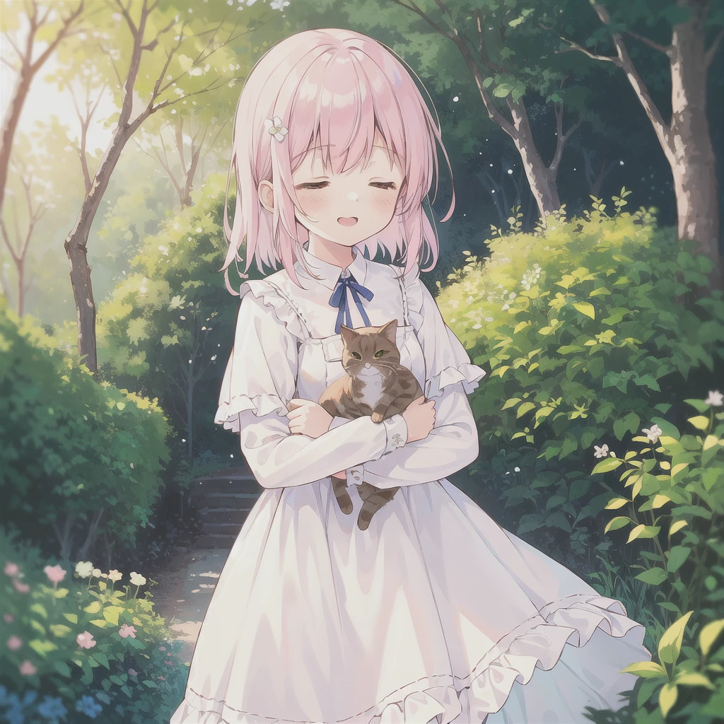 1 girl, solo, best quality, ultra detailed, , (happy:1.4), closed eyes,
pink hair, medium hair, looking away,
from front, from below, portrait, hugging the brown kitten, \(kitten has its mouth closed\),
white dress, blue ribbon, long sleeves, standing,
in the forest, flower garden, warm sunlight filtering through trees
