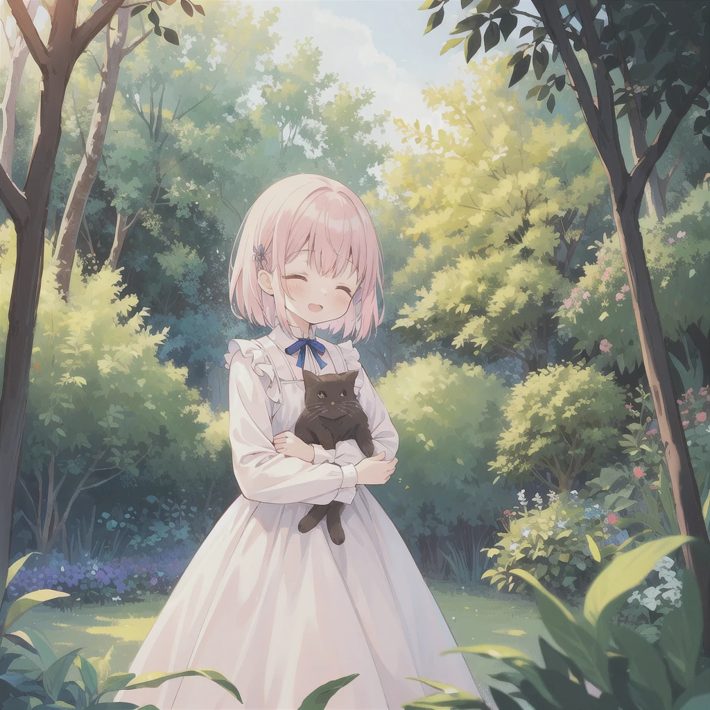 1 girl, solo, best quality, ultra detailed, , (happy:1.4), closed eyes,
pink hair, medium hair, looking away,
from front, from below, portrait, hugging the brown kitten, \(kitten has its mouth closed\),
white dress, blue ribbon, long sleeves, standing,
in the forest, flower garden, warm sunlight filtering through trees