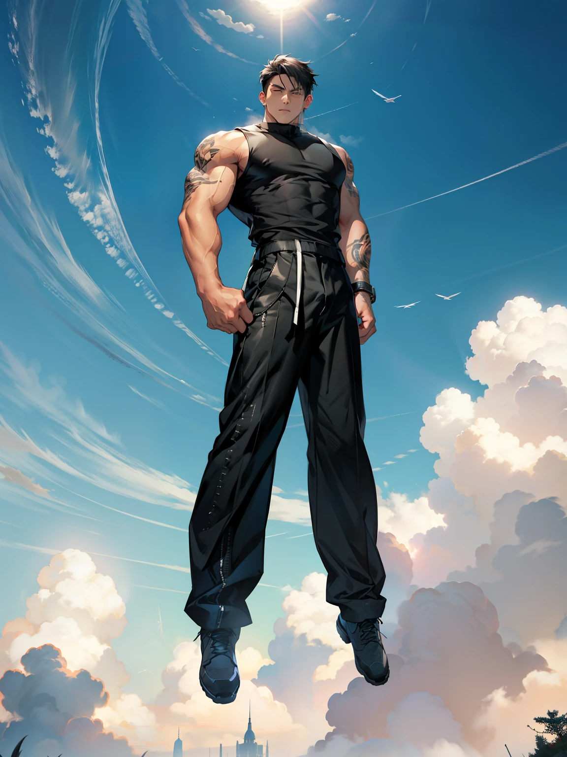 boys 26 Years old, Serious face, wearing black sleeveless shirt, black pants, black hair, levitate on sky, blue sky, cloud