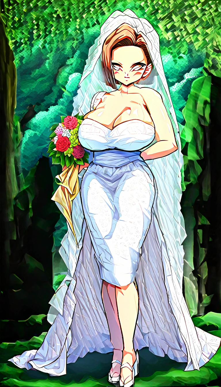 Huge breasts in a wedding dress with a huge lace neckline, with veil and bouquet in a Japanese garden