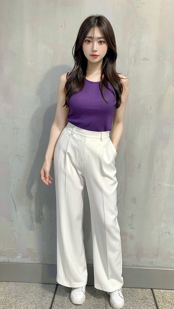 A hyper-realistic full-body image of a beautiful young Japanese woman, closely resembling Kasumi Arimura, standing against a gray background. She has long, straight dark hair and is wearing a sleeveless purple top and white pants. She is standing with her arms at her sides and looking directly at the camera with a calm and gentle expression. She is also wearing white shoes with black accents. The style is photorealistic, with extremely high resolution and realistic details, making her appear very lifelike and closely resembling Kasumi Arimura.