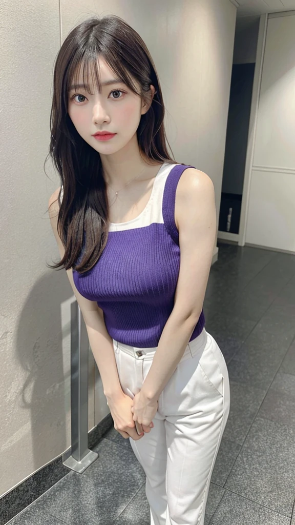 A hyper-realistic full-body image of a beautiful young Japanese woman, closely resembling Kasumi Arimura, standing against a gray background. She has long, straight dark hair and is wearing a sleeveless purple top and white pants. She is standing with her arms at her sides and looking directly at the camera with a calm and gentle expression. She is also wearing white shoes with black accents. The style is photorealistic, with extremely high resolution and realistic details, making her appear very lifelike and closely resembling Kasumi Arimura.