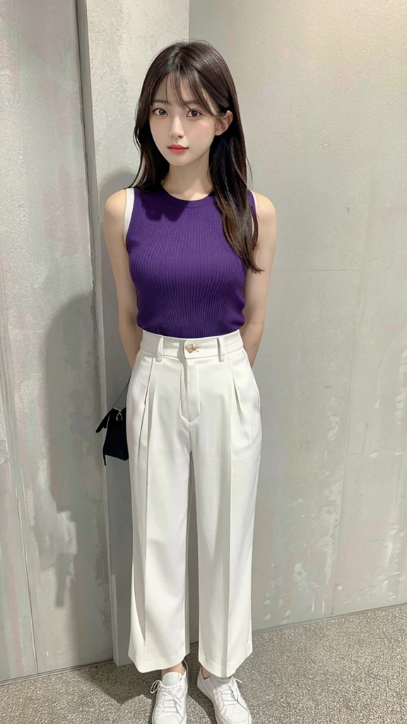 A hyper-realistic full-body image of a beautiful young Japanese woman, closely resembling Kasumi Arimura, standing against a gray background. She has long, straight dark hair and is wearing a sleeveless purple top and white pants. She is standing with her arms at her sides and looking directly at the camera with a calm and gentle expression. She is also wearing white shoes with black accents. The style is photorealistic, with extremely high resolution and realistic details, making her appear very lifelike and closely resembling Kasumi Arimura.