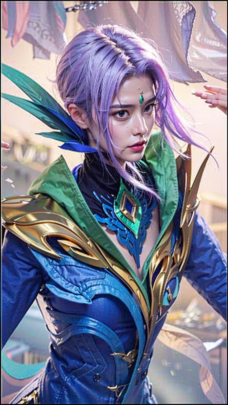 ((Best quality, 8k, Masterpiece : 1.3)), upper bod y, Sharp focus:1.2, The image is a digital artwork of a female character with long purple hair and a green and gold outfit.