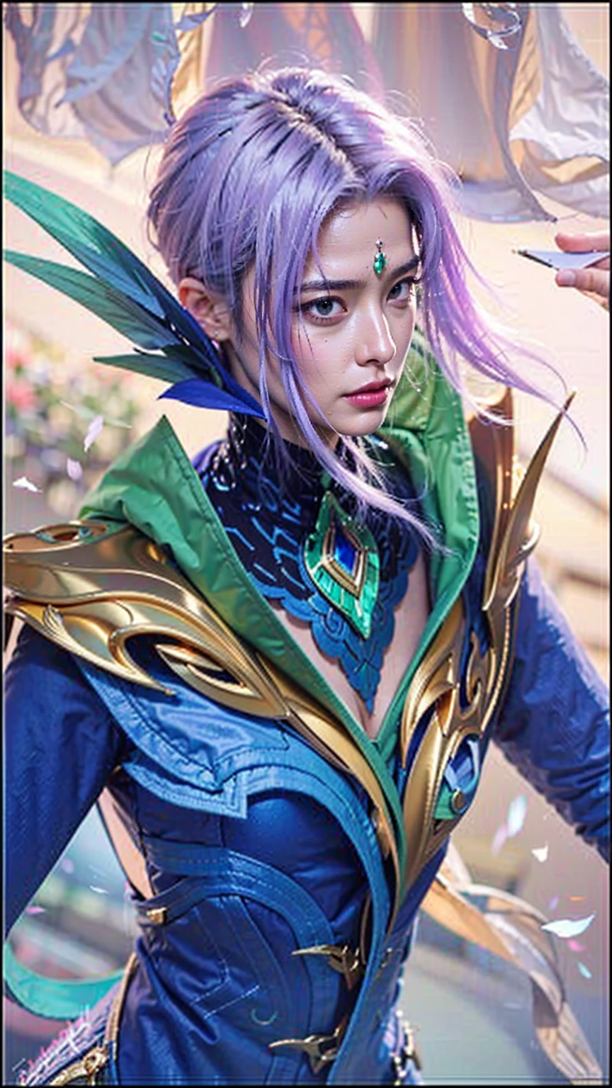 ((Best quality, 8k, Masterpiece : 1.3)), upper bod y, Sharp focus:1.2, The image is a digital artwork of a female character with long purple hair and a green and gold outfit.