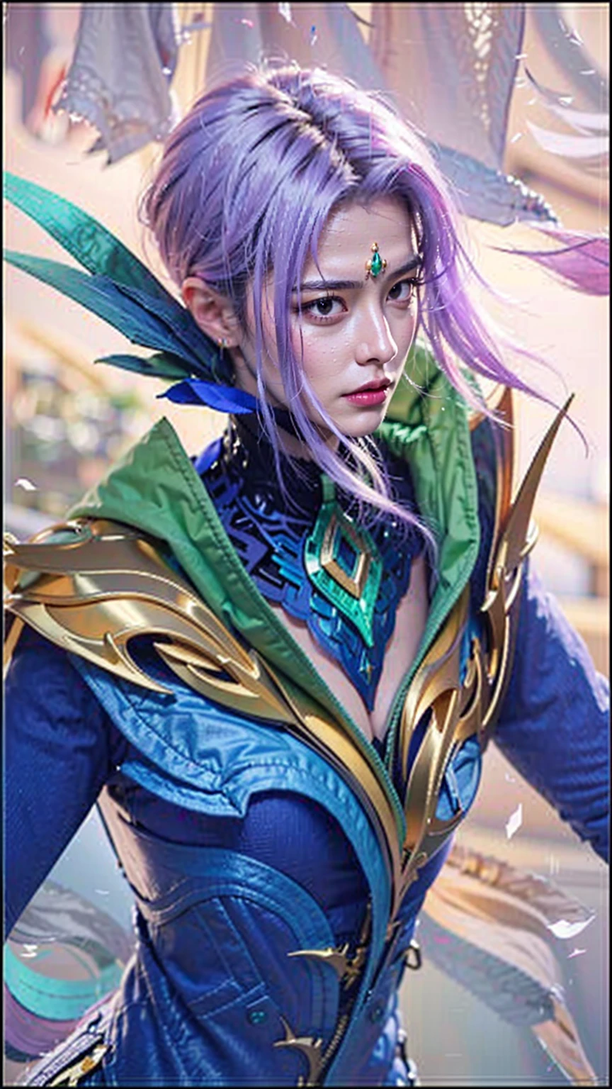 ((Best quality, 8k, Masterpiece : 1.3)), upper bod y, Sharp focus:1.2, The image is a digital artwork of a female character with long purple hair and a green and gold outfit.