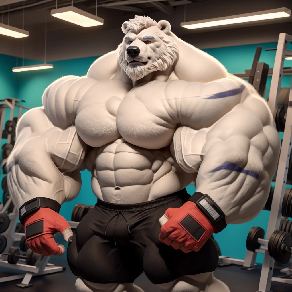 solo, 1boy, Huge Muscular White Polar Bear, huge white fur, pectoral, huge pectoral, wide pectoral, short white hair, ((really big muscle, massive muscular, sixpack, thick arms, wide pectoral, super huge muscle, hyper muscular, over sized muscle, huge arms, big arms, huge pectoral)), black gym short pants, black wristbands, fingerless gloves and shirtless and topless, white bearded, white Mustache, white fur, grey eyebrows, gym fitness center background, masterpiece, high detailed, 8k, high resolution, at the gym, flexes huge thorax, looking at the viewer, acting all hunk