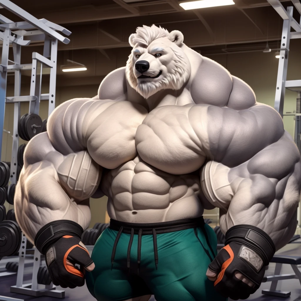 solo, 1boy, Huge Muscular White Polar Bear, huge white fur, pectoral, huge pectoral, wide pectoral, short white hair, ((really big muscle, massive muscular, sixpack, thick arms, wide pectoral, super huge muscle, hyper muscular, over sized muscle, huge arms, big arms, huge pectoral)), black gym short pants, black wristbands, fingerless gloves and shirtless and topless, white bearded, white Mustache, white fur, grey eyebrows, gym fitness center background, masterpiece, high detailed, 8k, high resolution, at the gym, flexes huge thorax, looking at the viewer, acting all hunk