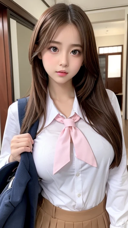 Big Breasts,high school girl,uniform,Light clothing,Big eyes,Pink Lips，sexy,Brown Hair,Sensual,Japanese