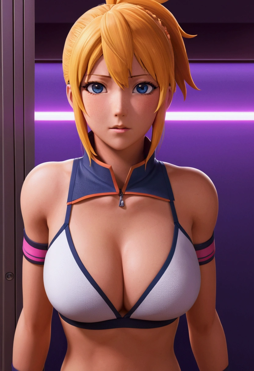 masterpiece, absurdres , (intricate details), (colorful),cinematic lighting,bust shot,extremely detailed CG unity 8k wallpaper ,hinata\(boruto\), 1girl, solo,mature female, arm up, looking at viewer, sports bra, locker room,cowboy shot, 