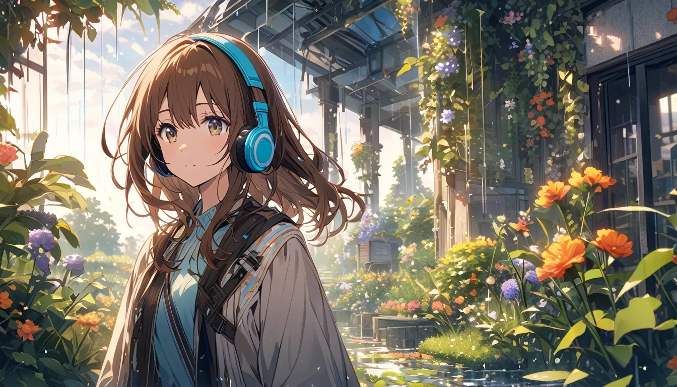 Girl wearing headphones,Brown Hair,1 person,bright,Detailed Background,「Garden after the rain」 - Garden after the rainで感じる新鮮な空気
