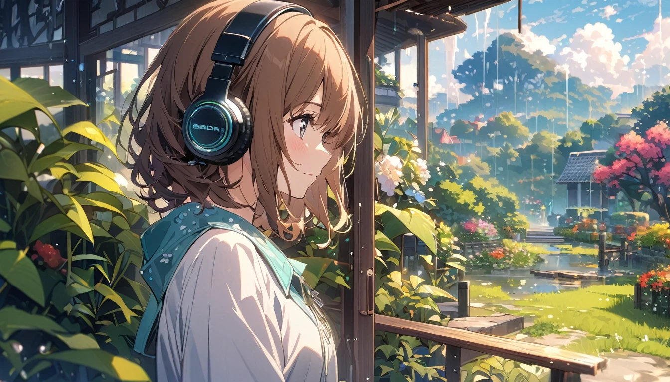 Girl wearing headphones,Brown Hair,1 person,bright,Detailed Background,「Garden after the rain」 - Garden after the rainで感じる新鮮な空気