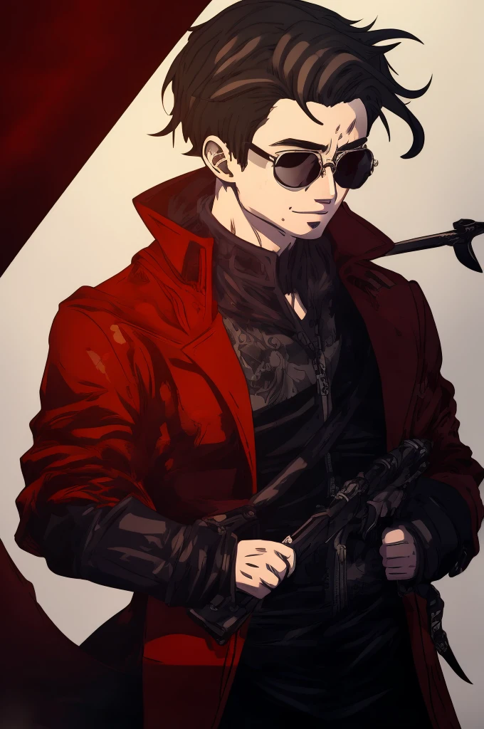 ((illustration)), (best quality)), ((masterpiece)), (detailed), ((front view)) anime, adult, male, dark hair, albertwesker, jacket, black gloves, coat, sunglasses, leather, upper body, shadowarmy, jamesdaly artstyle
