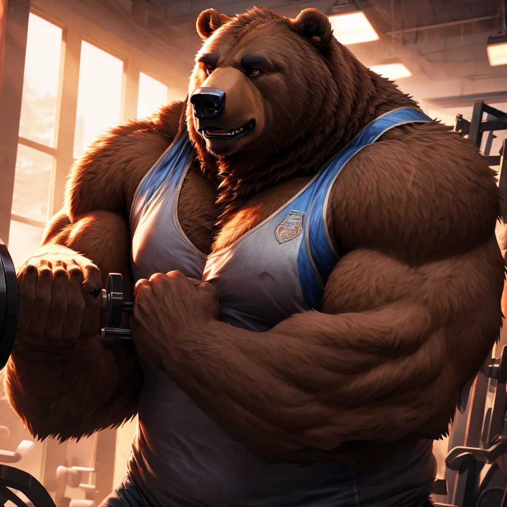 a giant muscular grizzly bear,extremely detailed bear,huge grizzly bear,massive grizzly bear,ultra-detailed bear,highly detailed bear,photorealistic bear,realistic bear,bear lifting heavy weights,bear lifting barbell,bear doing bicep curls,bear working out,bear gaining muscle,bear getting a pump,bear in a gym setting,bear in a fitness center,bear surrounded by gym equipment,bear with veins popping out,bear with defined musculature,bear with bulging muscles,bear with intense expression,bear with focused gaze,dramatic lighting,warm and vibrant colors,cinematic lighting,dramatic shadows,ultra-detailed,8k,best quality,photorealistic,highly detailed