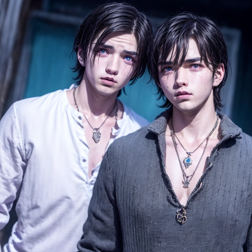 A young man with pink irises and purple irises, short wavy black hair with white streaks, wears a normal blouse and has a necklace with a skull pendant 