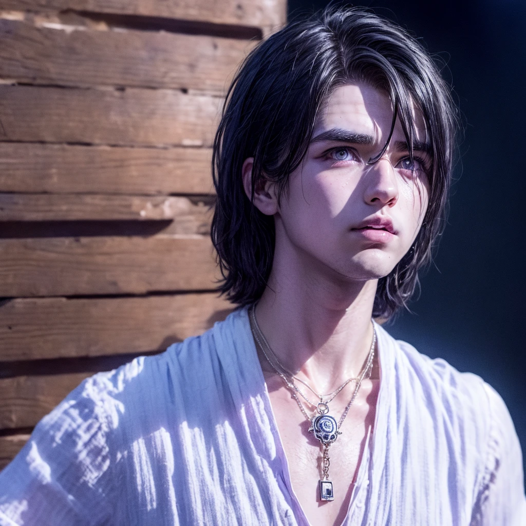 A young man with pink irises and purple irises, short wavy black hair with white streaks, wears a normal blouse and has a necklace with a skull pendant