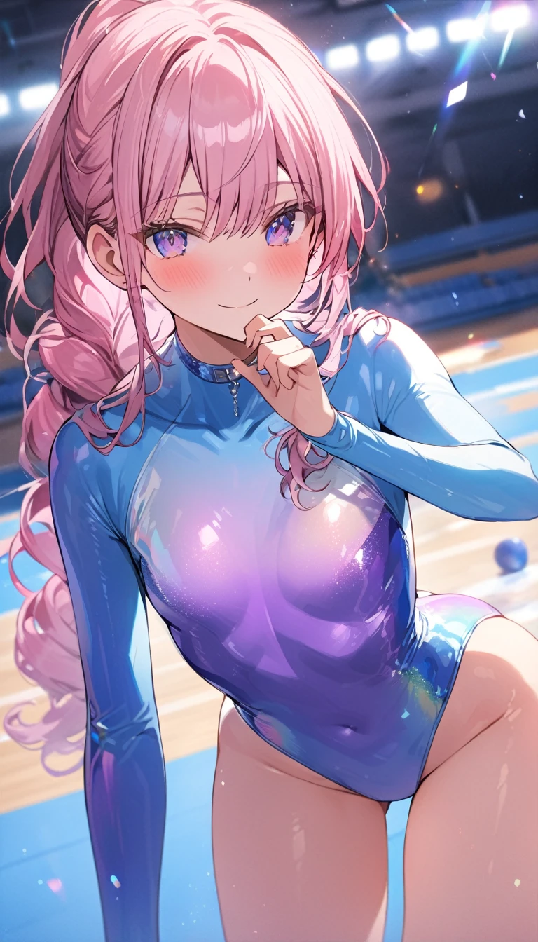 highquality illustration, masterpiece, very delicate and beautiful, attractive girl,(gymnastics leotard,long sleeve leotard with glittery decoration,high_leg leotard,athletic leotard,tight-fit leotard,iridescent gradient leotard,long-sleeve leotard),thin,slender body,slim,high school,gymnasium background,gymnastics club,gymnastics athlete,princess, beautiful eyes,light smile,(masterpiece, best quality:1.2), highres, extremely detailed CG unity 8k wallpaper, perfect lighting, Colourful, ultra-high res,4K,ultra-detailed, photography, 8K, HDR, 17 ages,cowboy shot,