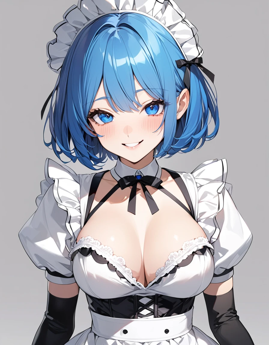 Beautiful girl in maid、(Top quality illustrations:1.2), (pretty girl:1.1), (1 girl、17 years old、Top quality illustrations:1.2), (1 girl、smile、Medium chest、Beautiful breasts、Highly detailed eyes:1.2)、Bright blue hair、Short Bob Hair、(Black and white maid costume) 、White background、Simple Background