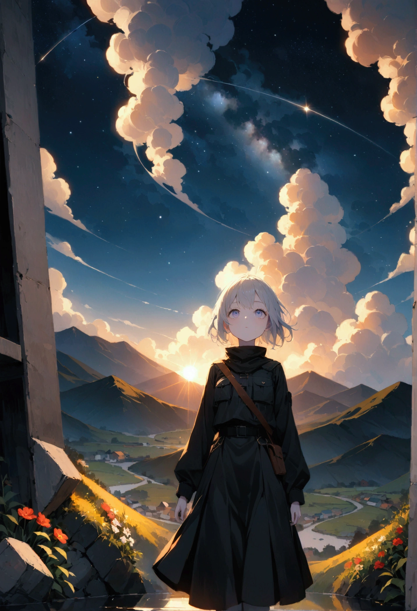 woman\(soldier, Age 25, Short silver hair floating, Space-colored eyes, Black clothes, Pale skin, Tired face、lack of shine in the eyes\) Looking up at the sky, Beautiful night sky, Beautiful Clouds, there are puddles at ground and the landscape is reflecting beautifully, Looking up at the wide sky from the cramped back alleys of the slums, Summer flowers are blooming everywhere, I see the wind blowing and shining, There are stars in the sky,From below, break ,quality\(8k,非常に精細なCGユニットのwallpaper, masterpiece,High resolution,top-quality,top-quality real texture skin,Surreal,Increase the resolution,RAW Photos,最高quality,Very detailed,wallpaper,Cinema Lighting,Ray-tracing,Golden Ratio\),(Long Shot),landscape,