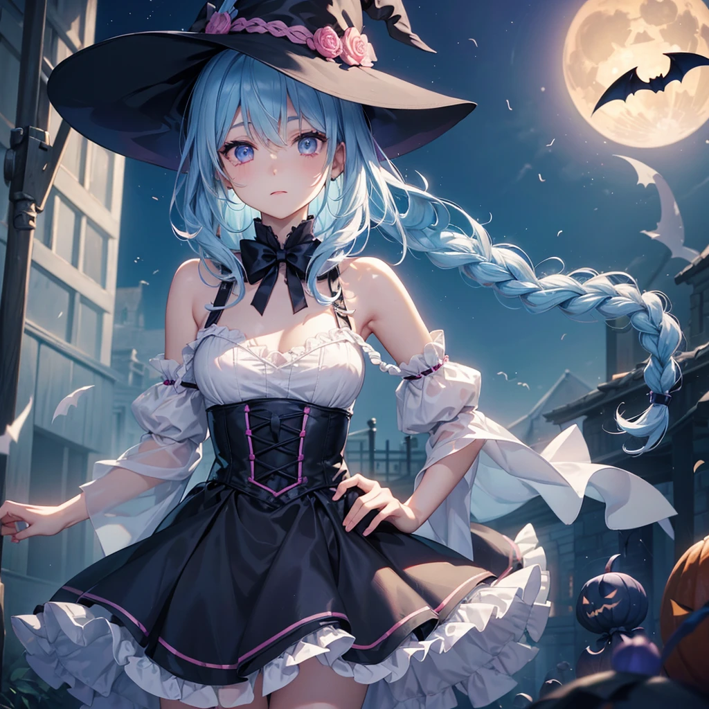 (Light blue medium hair:1.2),(Braided hair:1.2)、Pink eyes、Fair skin、cowboy shot、Halloween、The background is a pumpkin ghost、Crescent Moon、Trick or Treat、A lot of sweets、witch、Halloween night、Candy、many bat、Condescending expression、solo、(masterpiece、Highest quality、Very detailed、Best Shadow)、(Detailed Background)、(Beautifully detailed face)、High contrast、(Best lighting、Very delicate and beautiful)、(Cinematic Light)、colorful、Hyper Detail、Dramatic Light、Exquisite detail、