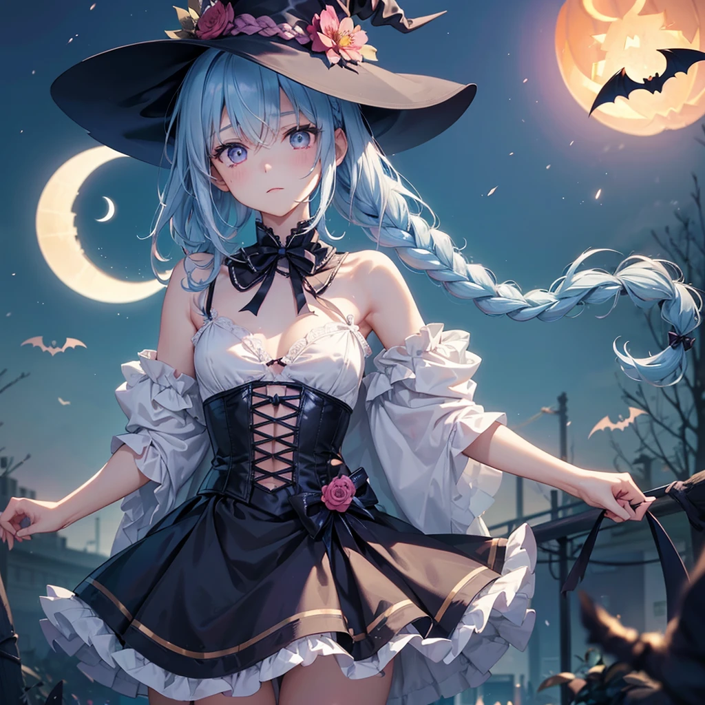 (Light blue medium hair:1.2),(Braided hair:1.2)、Pink eyes、Fair skin、cowboy shot、Halloween、The background is a pumpkin ghost、Crescent Moon、Trick or Treat、A lot of sweets、witch、Halloween night、Candy、many bat、Condescending expression、solo、(masterpiece、Highest quality、Very detailed、Best Shadow)、(Detailed Background)、(Beautifully detailed face)、High contrast、(Best lighting、Very delicate and beautiful)、(Cinematic Light)、colorful、Hyper Detail、Dramatic Light、Exquisite detail、